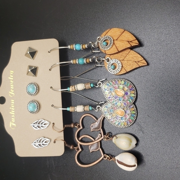 BOHEMIAN earrings dove heart pookah sea shell leaf 6 piece set - Picture 2 of 5